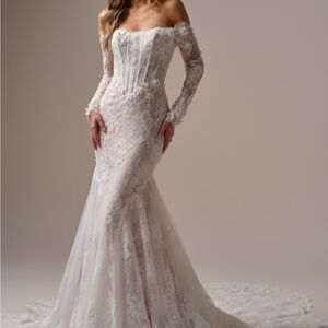 Maggie Sottero Off-the-Shoulder Lace Mermaid Gown in Ivory